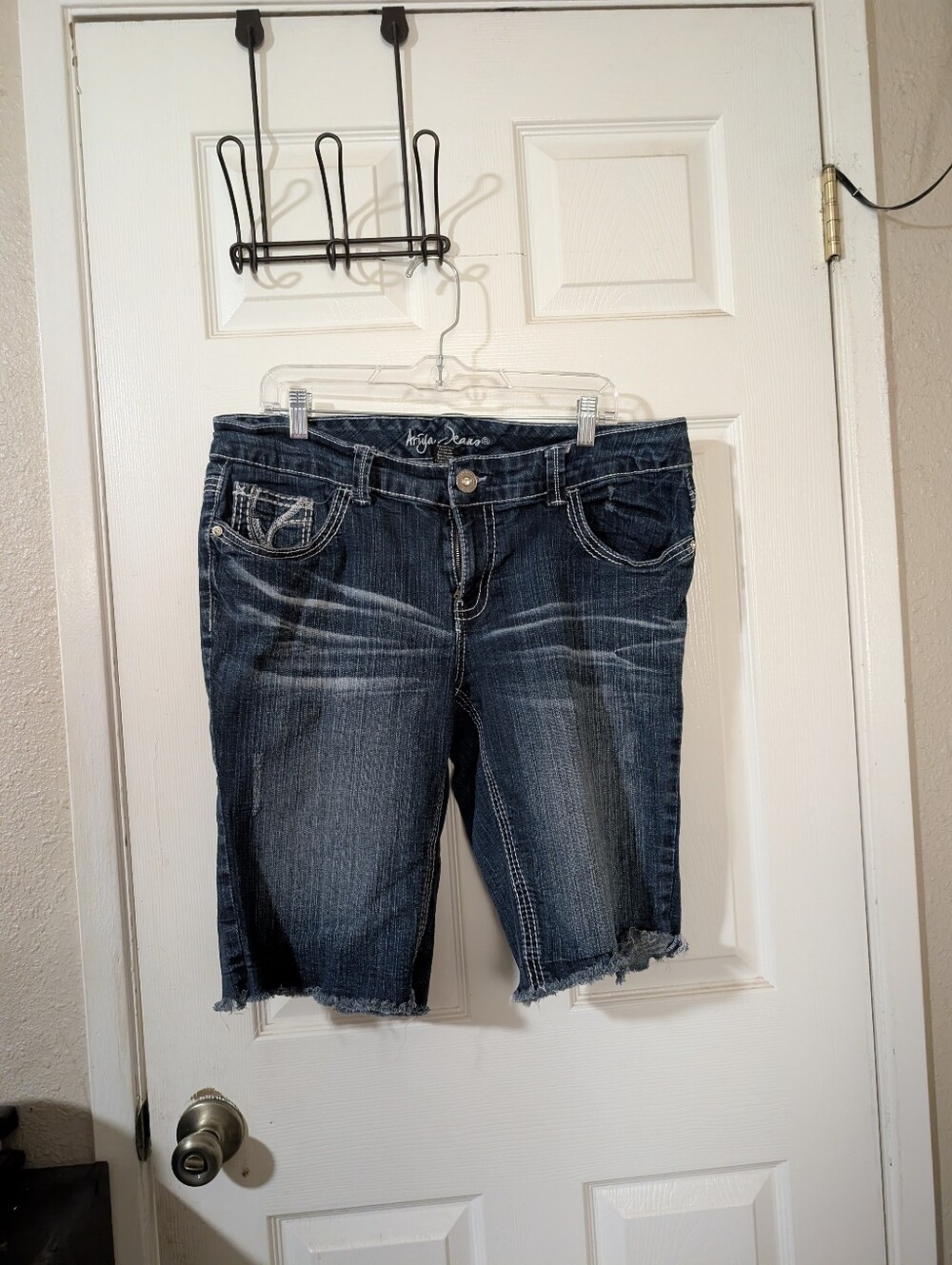 Ariya Dark Blue Distressed Knee-Length Denim Shorts